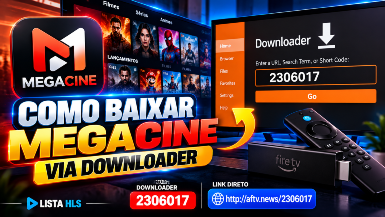 Como baixar MegaCine via Downloader usando o código 2306017 em dispositivo compatível.